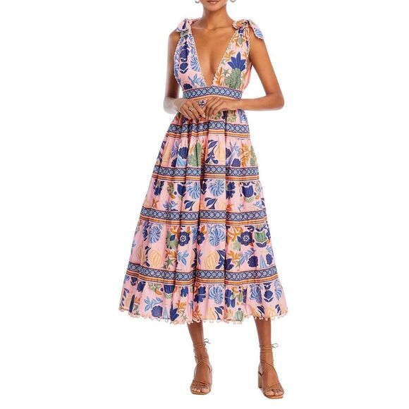 NWT Farm Rio SEASHELL tiered PINK MIDI DRESS, XXS $275 - Picture 2 of 9